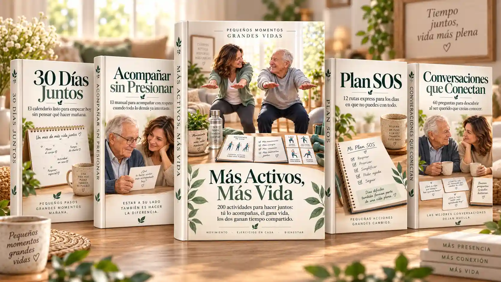 Mockup apilado de Más Activos, Más Vida con el kit principal y cuatro bonos